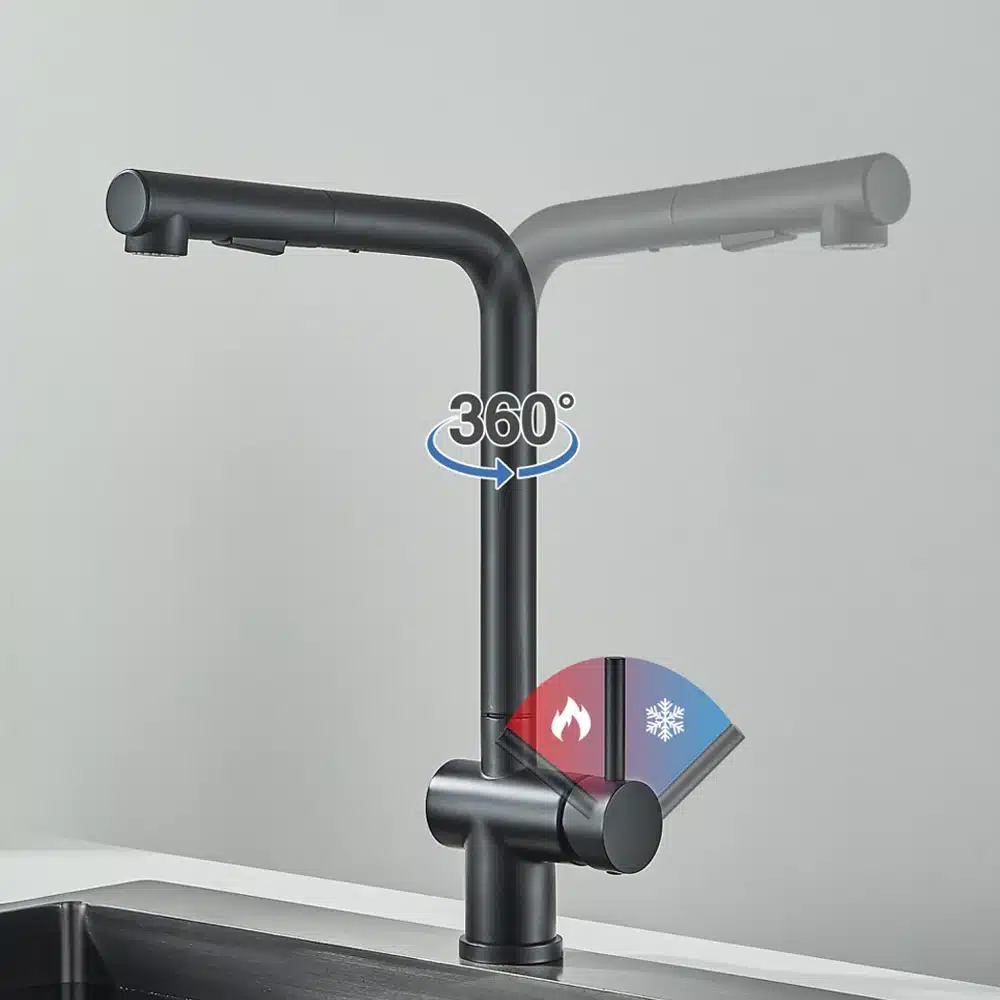 Köögivalamu kraan kõrge rõhuga roostevabast terasest, kuum ja külm vesi | kujundav pilt e-kaubamaja pildikogust