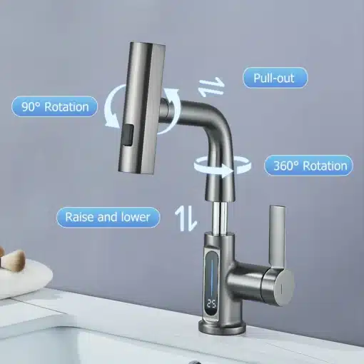 Moodne vannitoa kraan digitaalsete temperatuurinäidikutega | E-pood Tootemaailm Moodne vannitoa kraan digitaalsete temperatuurinäidikutega, hõbedane, pööratava ja tõstetava tila ning digitaalnäidikuga, paigaldatud valgele kraanikausile hallil taustal.