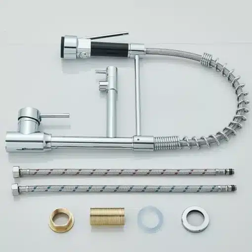 Köögisegisti 2 režiimiga, 360° pööratav ja paindlik kraan | E-pood Tootemaailm Köögisegisti 2 režiimiga, 360° pööratav ja paindlik kraan, valmistatud kvaliteetsest roostevabast terasest, paistab silma oma moodsa disaini ja mitmekülgsuse poolest. Komplekt sisaldab ka veevoolikuid ja tarvikuid, mis lisavad paigaldamisele lihtsust.