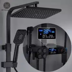 Must dušisegisti komplekt, mis sisaldab LCD temperatuuri näidikuga viimistletud dušipaneeli ja suure pinna vihmavee dušipead, kontrastiks hall taust.