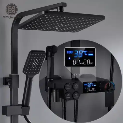 Dušisegisti komplekt LCD temperatuuri näidikuga ja vihmavee dušiga | E-pood Tootemaailm Must dušisegisti komplekt, mis sisaldab LCD temperatuuri näidikuga viimistletud dušipaneeli ja suure pinna vihmavee dušipead, kontrastiks hall taust.