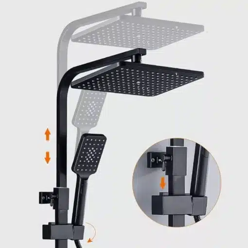 Dušisegisti komplekt LCD temperatuuri näidikuga ja vihmavee dušiga | E-pood Tootemaailm Elegantne musta värvi dušisegisti komplekt integreeritud LCD temperatuuri näidiku ja reguleeritava vihmavee dušiga, paigaldatud minimalistlikule taustale.