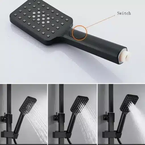 Dušisegisti komplekt LCD temperatuuri näidikuga ja vihmavee dušiga | E-pood Tootemaailm Must Dušisegisti komplekt LCD temperatuuri näidikuga ja vihmavee dušiga, millel on mitmekordsed pihustusvalikud, seinal vertikaalselt ja näidatud käsidetail lähivaates.