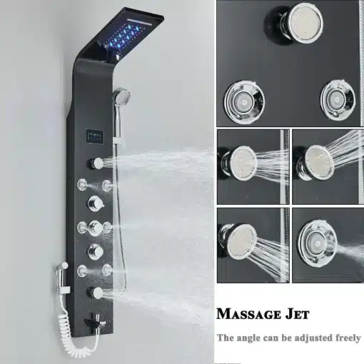 LED dušisegisti musta värvi veesamba süsteemiga ja massaažifunktsiooniga | E-pood Tootemaailm Musta värvi LED dušisegisti veesamba ja massaažifunktsiooniga, seinale paigaldatud, pritsiva vee ja reguleeritavate nuppudega. Luksuslik ja modernne välimus, sobib ideaalselt kaasaegsesse vannituppa.
