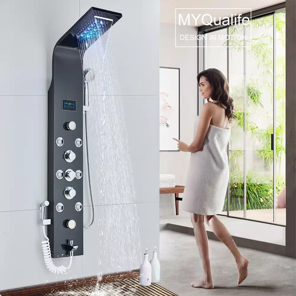 LED dušisegisti musta värvi veesamba süsteemiga ja massaažifunktsiooniga | kujundav pilt e-kaubamaja pildikogust