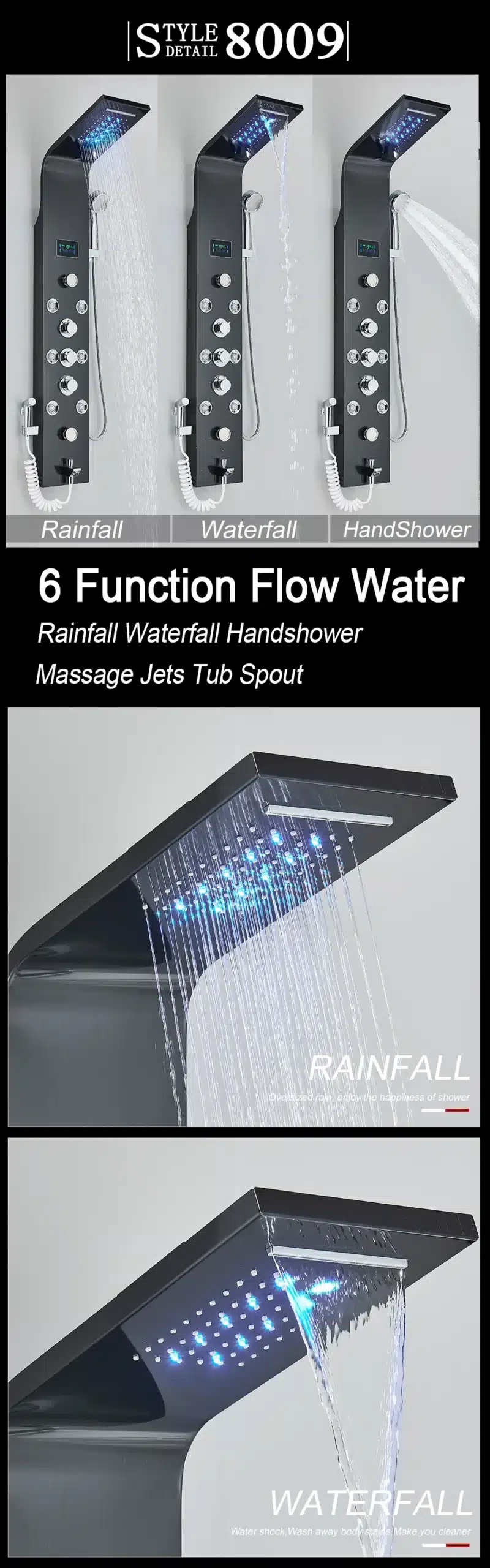 LED dušisegisti musta värvi veesamba süsteemiga ja massaažifunktsiooniga | kujundav pilt e-kaubamaja pildikogust