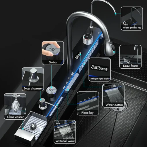 Köögivalamu 304 roostevabast terasest komplekt | E-pood Tootemaailm Köögivalamu 304 roostevabast terasest komplekt sisaldab erinevaid funktsioone, nagu veepuhastaja kraan, digitaalne ekraan, seebidosaator, klaasipuhasti, ja veekardin, kõik paigutatud kaasaegsele mustale lauapinnale.