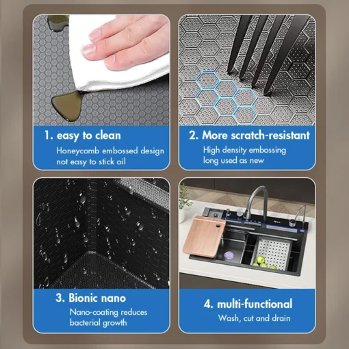 Köögivalamu 304 roostevabast terasest komplekt | E-pood Tootemaailm Köögivalamu 304 roostevabast terasest komplekti nelja funktsiooni illustratsioon: kergesti puhastatav kärjelise tekstuuriga pind, kriimustuskindel tihe embossing, nano-kate bakterikasvu vähendamiseks ja multifunktsionaalne tööpind pesemiseks, lõikamiseks ja vee äravooluks.