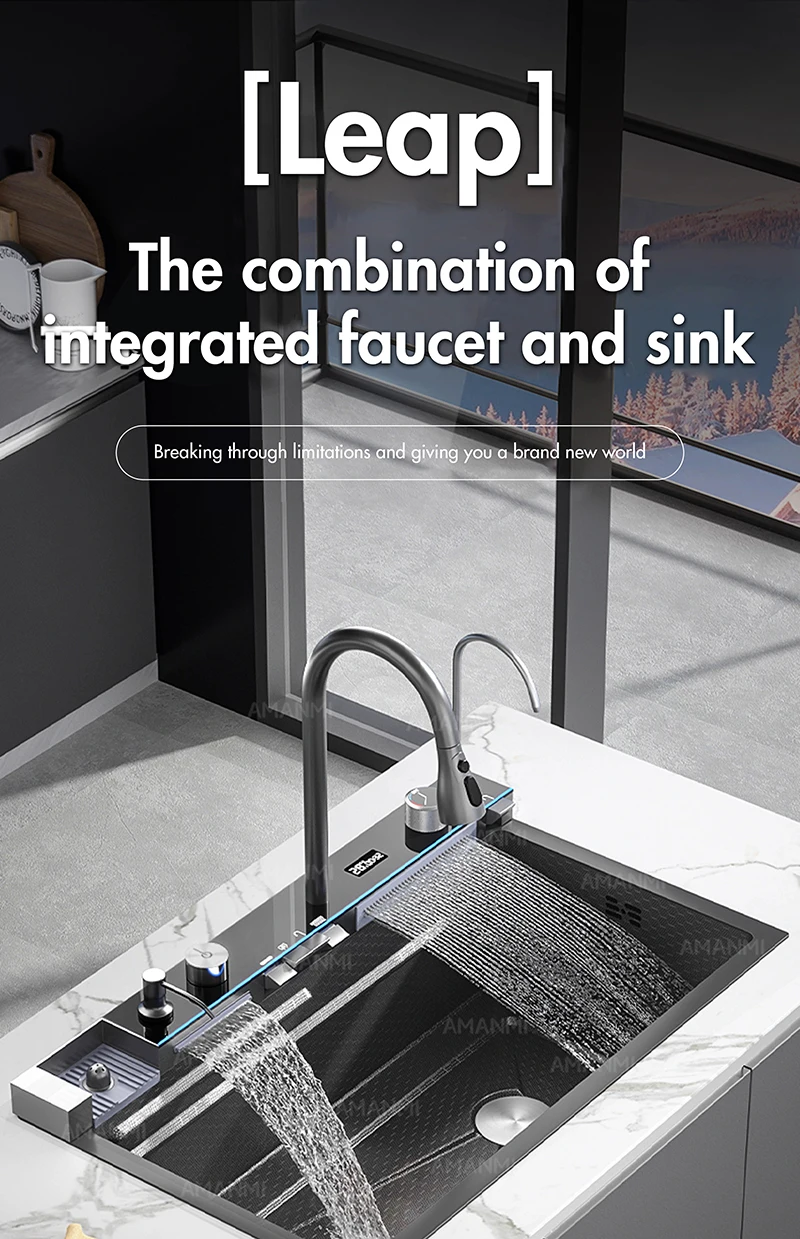 Köögivalamu 304 roostevabast terasest komplekt, ühendatud elegantse segistiga, paigaldatud kaasaegsesse kööki marmorist tööpinnal. Komplekti disaini täiustab integreeritud elektrooniline juhtpaneel ja kraani vool, mis teeb see ideaalseks kvaliteeditunnetust hindavale köögikujundusele.