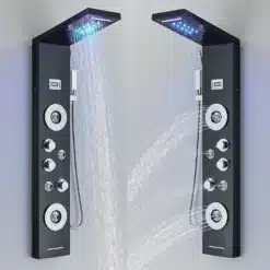 Kaasaegne must LED dušipaneel veefalli ja massaažifunktsiooniga. Paneelil on temperatuuri näidik, millelt paistavad erinevad juhtnupud ja dušiotsik ning sinised LED-tuled, taustal hall sein.