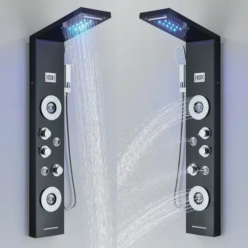 Kaasaegne must LED dušipaneel veefalli ja massaažifunktsiooniga. Paneelil on temperatuuri näidik, millelt paistavad erinevad juhtnupud ja dušiotsik ning sinised LED-tuled, taustal hall sein.