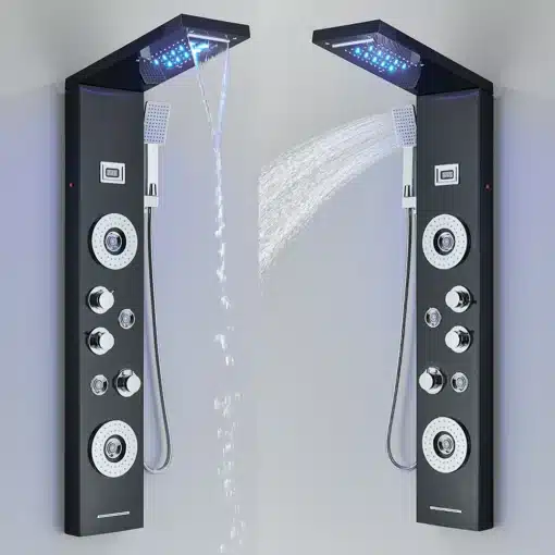 Must LED dušipaneel veefalli ja massaažifunktsiooniga, millel on temperatuuri näidik, paigaldatud heledale vannitoaseinale.