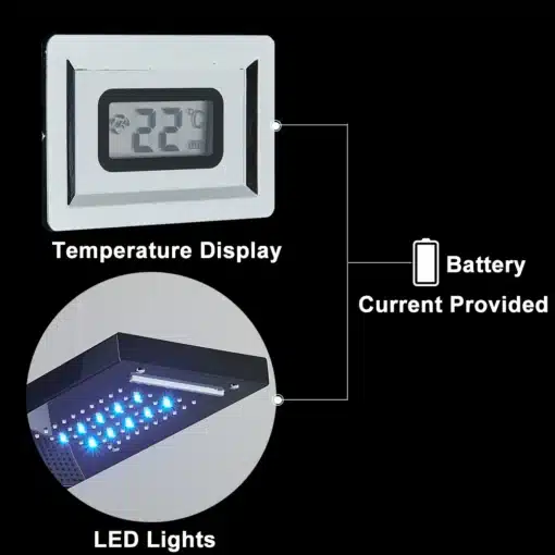 LED dušipaneel veefall ja massaažifunktsioon temperatuuri näidikuga. Pildil on esiplaanil digitaalne temperatuuri näidik ning taustal on nähtavad sinised LED-tuled mustal paneelil.