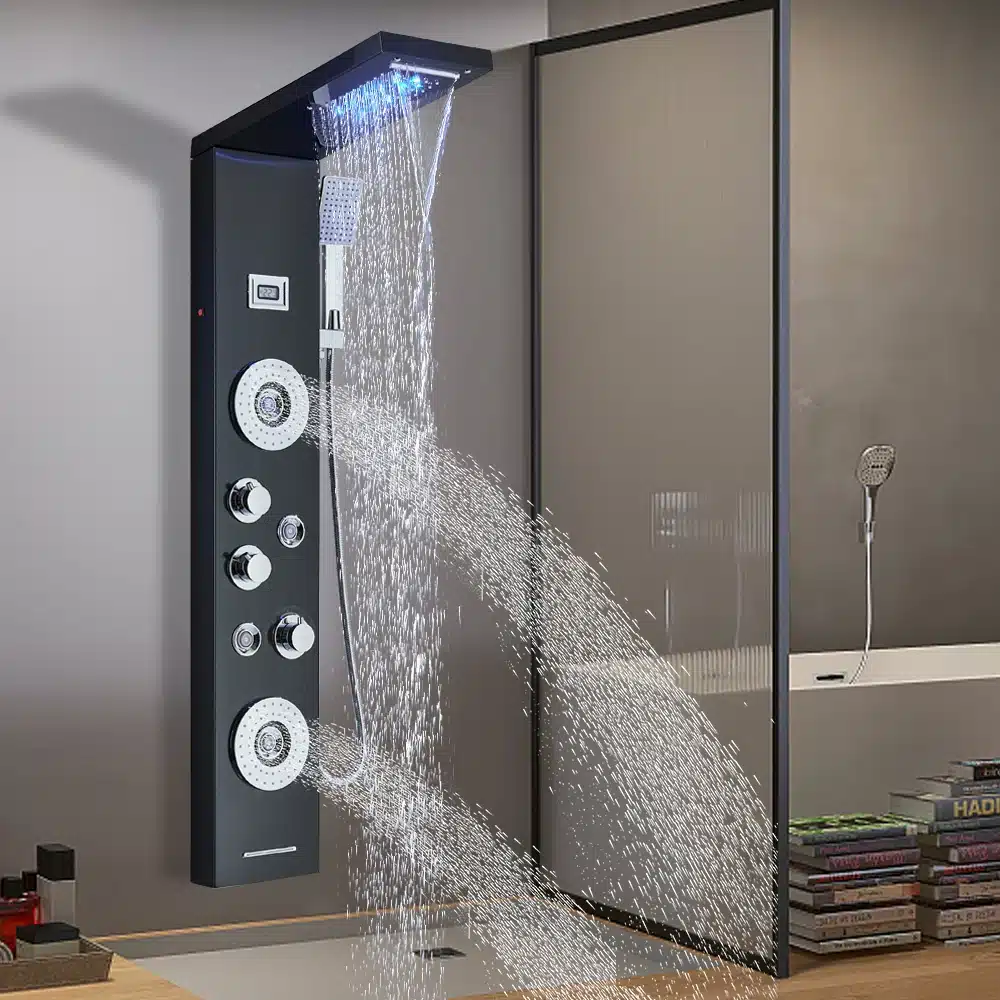 Must LED dušipaneel, veefall ja massaažifunktsioon; sinine LED-valgustus; temperatuuri näidik; kaasaegne vannituba.