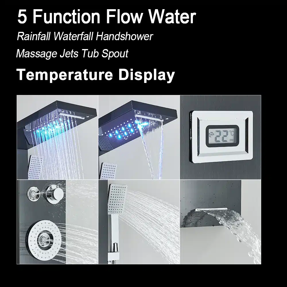 LED dušipaneel veefall ja massaažifunktsioon temperatuuri näidikuga, mis kuvab digitaalset temperatuuri. Dušiotsikud lasevad sinakat valgust ja veejugasid, pakkudes luksuslikku spaakogemust. Rikkalik veevool ja täpne temperatuuri juhtimine annavad mugavuse igasse vannituppa.