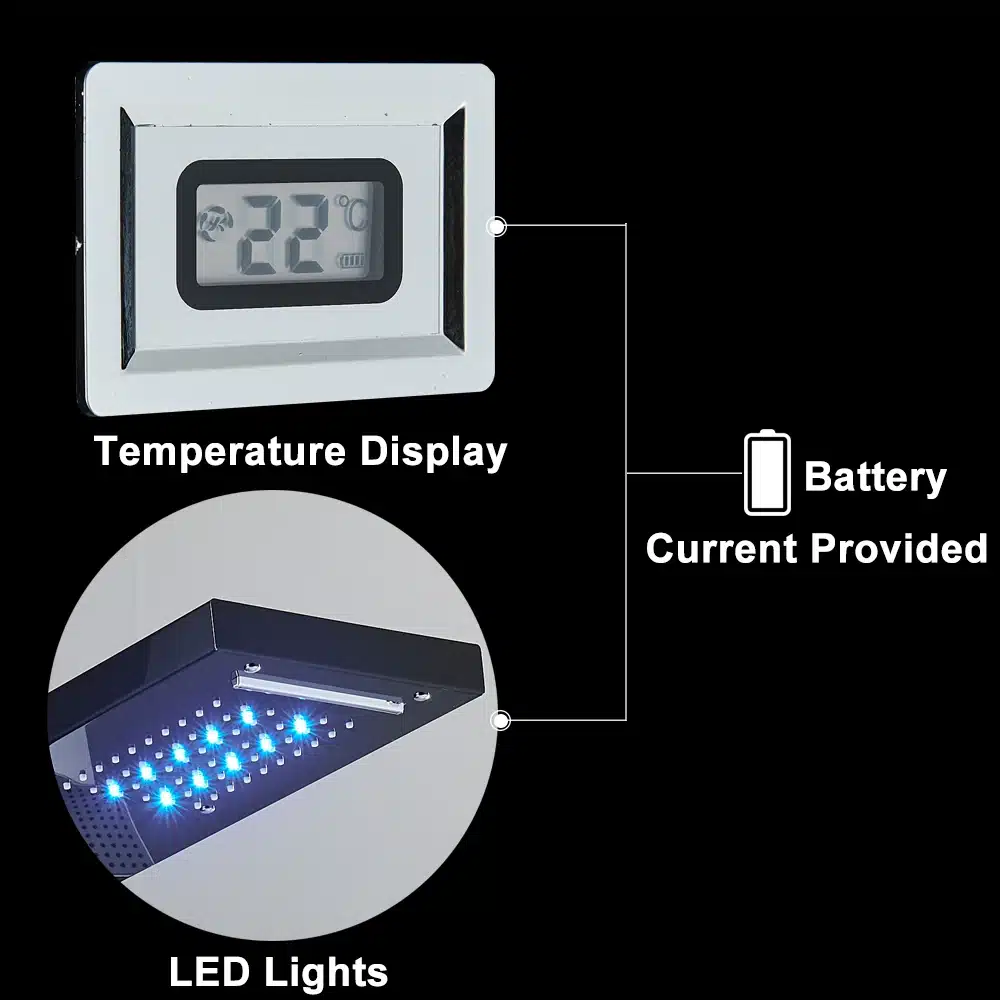 LED dušipaneel veefall ja massaažifunktsioon temperatuuri näidikuga, millel on hõbedane digitaalne ekraan ja sinised LED-tuled mustal taustal, koos aku ikooniga, mis viitab vooluga varustamisele.