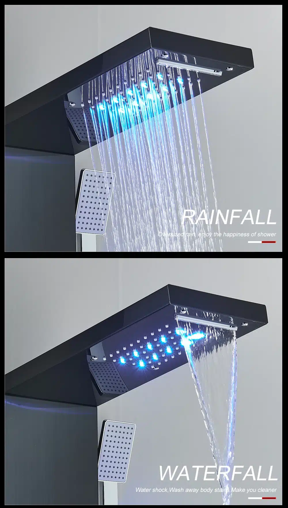 Pildil on LED dušipaneel veefall ja massaažifunktsioon temperatuuri näidikuga, mis paistab tumedal taustal. Dušimasinad on kaetud siniste LED-tuledega, mis valgustavad veejugasid, luues rahustava efekti. See vannitoa seadeldis on elegantse ja moodsa disainiga, pakkudes luksuslikku spaakogemust koduses keskkonnas.