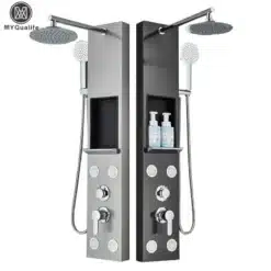 Kaasaegne dušipaneel ladustamisriiuliga, vihmadušiga ja massaažifunktsiooniga, halli ja musta viimistlusega, minimalistliku disainiga, millel on integreeritud ladustamisriiul ja neli massaažiseadet hõbedase taustaga.