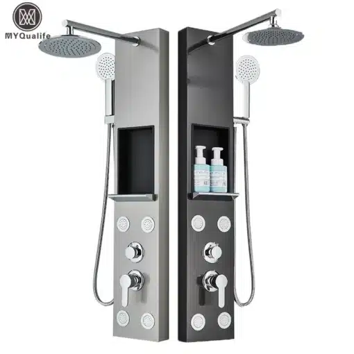 Dušipaneel ladustamisriiuliga, vihmadušiga ja massaažifunktsiooniga | E-pood Tootemaailm Kaasaegne dušipaneel ladustamisriiuliga, vihmadušiga ja massaažifunktsiooniga, halli ja musta viimistlusega, minimalistliku disainiga, millel on integreeritud ladustamisriiul ja neli massaažiseadet hõbedase taustaga.