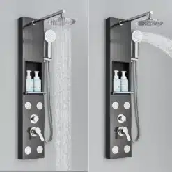 Kahe segisti ja ladustamisriiuliga dušipaneel, millel on must viimistlus ja integreeritud vihmadušš ning massaažifunktsioon. Taustaks neutraalne hall sein.