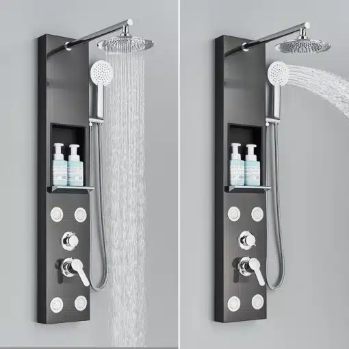 Dušipaneel ladustamisriiuliga, vihmadušiga ja massaažifunktsiooniga | E-pood Tootemaailm Kahe segisti ja ladustamisriiuliga dušipaneel, millel on must viimistlus ja integreeritud vihmadušš ning massaažifunktsioon. Taustaks neutraalne hall sein.