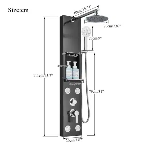 Dušipaneel ladustamisriiuliga, vihmadušiga ja massaažifunktsiooniga | E-pood Tootemaailm Stiilne must dušipaneel ladustamisriiuliga, sisaldab laia vihmaduši otsikut ja käsidušši. Paneelil on neli massaažidüüsi ja hõbedased juhtseadmed. Taustal nähtavad mõõdud panevad paika paneeli suuruse ja paigutuse võimalused vannitoas.