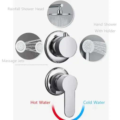 Dušipaneel ladustamisriiuliga, vihmadušiga ja massaažifunktsiooniga | E-pood Tootemaailm Dušipaneel ladustamisriiuliga, sealhulgas kroomitud juhtnupud, vihmadušš ja massaažifunktsiooni näidised valgel taustal.