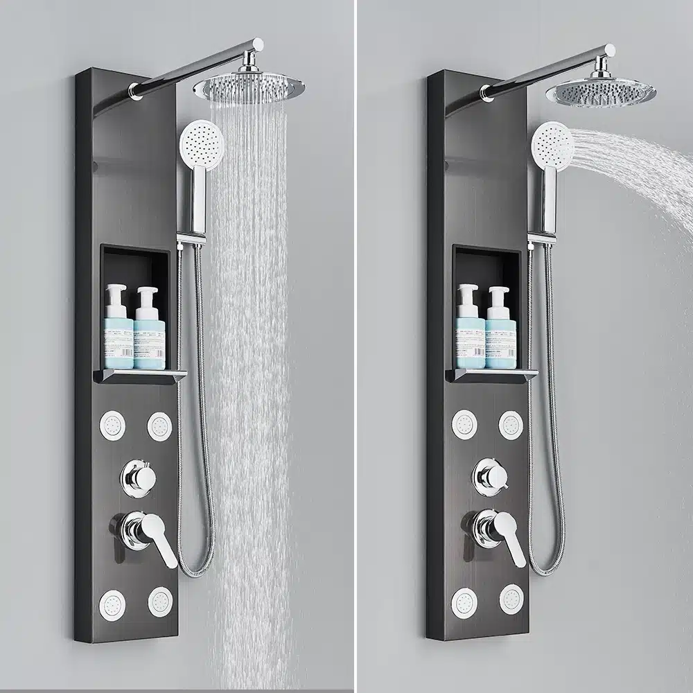 Dušipaneel ladustamisriiuliga, millel on roostevabast terasest pind, integreeritud vihmadušš ja neli massaažidüüsi. Halli värvi paneeli taustal on neutraalne vannitoasein.