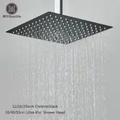 Vihmadušipea 12/16/20 tolli, ultraõhuke roostevaba teras musta värviga, mis paistab hallil taustal, jaheda veega iseäralikud joad langevad konkreetsel moodsaks disainitud pealt
