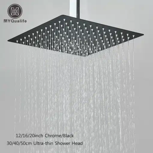 Vihmadušipea 12/16/20" ultraõhuke roostevaba teras musta värviga | E-pood Tootemaailm Vihmadušipea 12/16/20 tolli, ultraõhuke roostevaba teras musta värviga, mis paistab hallil taustal, jaheda veega iseäralikud joad langevad konkreetsel moodsaks disainitud pealt