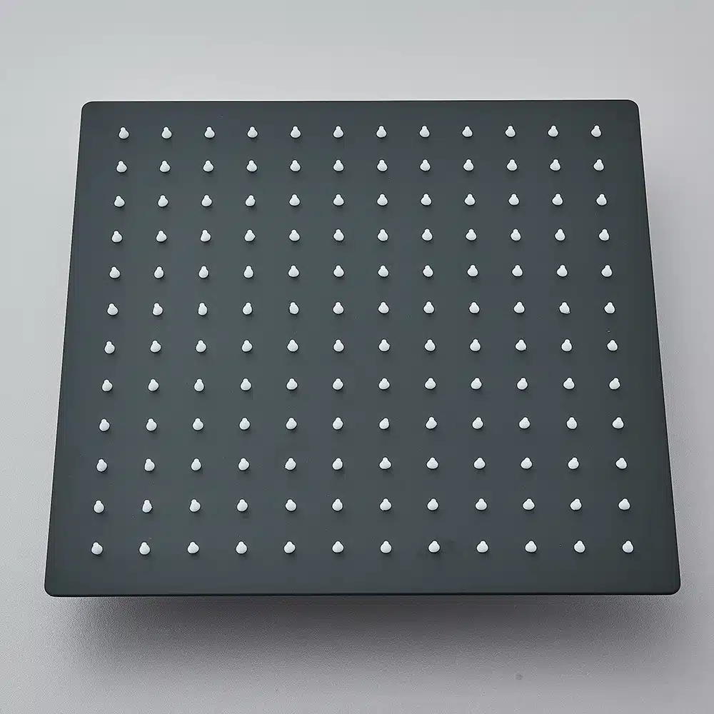 Vihmadušipea 12/16/20-tolline ultraõhuke roostevaba teras musta värviga, ruudukujuline disain, paigaldatud siledale pinnale, mitmekülgsete pihustite ja kaasaegse viimistlusega.