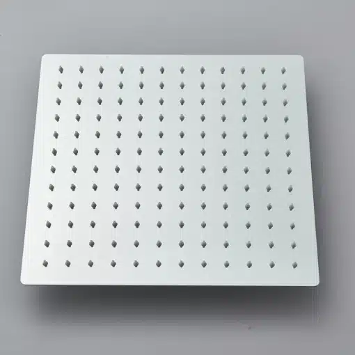 Vihmadušipea 12/16/20" ultraõhuke roostevaba teras musta värviga | E-pood Tootemaailm Vihmadušipea 12/16/20, ultraõhuke roostevaba teras, musta värviga, halli taustal. Ruudukujuline disain, ühtlaselt jaotatud veemütsidega.