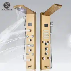 Kuldne dušipaneel LED-valgusega ja digitaalne ekraan koos massaažifunktsiooniga, kaasaegne disain, veejoad mitmest otsikust, hall taust.