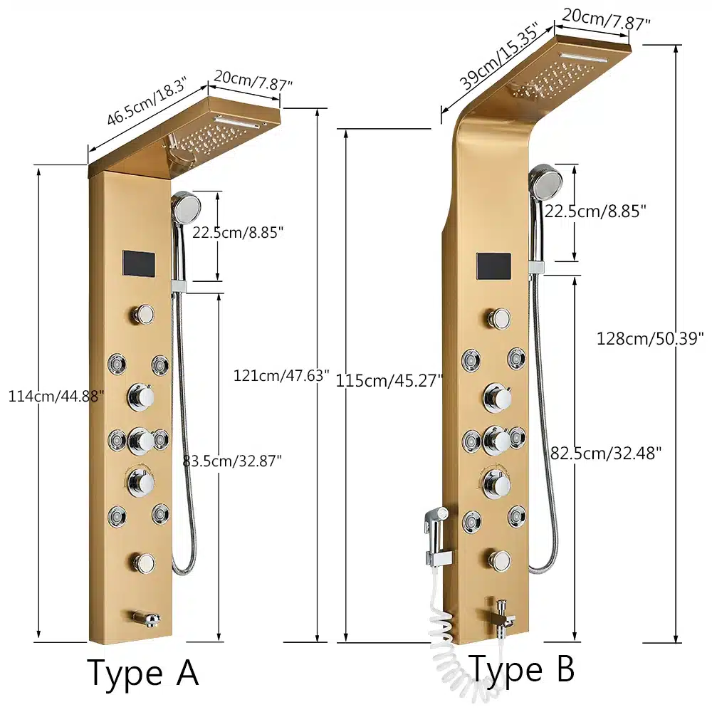 Kuldse pinnaga dušipaneel koos LED-valgustuse, digitaalsete ekraanide ja massaažifunktsiooniga. Kaasas käsidušš ning mitu erinevat massaažijuga, taustal mõõtmed tekstina.