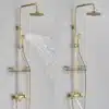Vana messingist vihmasadu dušikomplekt seinakinnitusega | E-pood Tootemaailm Pildil on vana messingist vihmasadu dušikomplekt seinakinnitusega. Komplekt koosneb elegantsetest kuldsetest messingist torudest ja dušiotsikutest, täiustades vannitoa interjööri luksusliku stiiliga. Taustal on neutraalse värvitooniga sein, mis rõhutab toote disaini ja viimistlust.