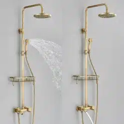 Pildil on vana messingist vihmasadu dušikomplekt seinakinnitusega. Komplekt koosneb elegantsetest kuldsetest messingist torudest ja dušiotsikutest, täiustades vannitoa interjööri luksusliku stiiliga. Taustal on neutraalse värvitooniga sein, mis rõhutab toote disaini ja viimistlust.