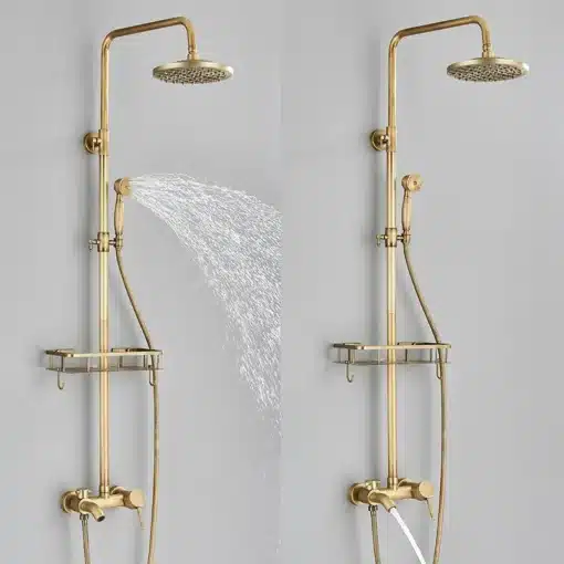 Vana messingist vihmasadu dušikomplekt seinakinnitusega | E-pood Tootemaailm Pildil on vana messingist vihmasadu dušikomplekt seinakinnitusega. Komplekt koosneb elegantsetest kuldsetest messingist torudest ja dušiotsikutest, täiustades vannitoa interjööri luksusliku stiiliga. Taustal on neutraalse värvitooniga sein, mis rõhutab toote disaini ja viimistlust.