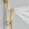 Vana messingist vihmasadu dušikomplekt seinakinnitusega | E-pood Tootemaailm Vana messingist vihmasadu dušikomplekt seinakinnitusega, mis ühendab elegantse messingist viimistluse ja võimsa veejuga halli tausta ees.