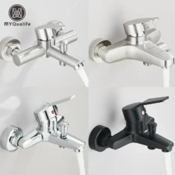 Neli erinevas värvitoonis seinapealset vannitoa kuuma ja külma veega segistit, ühe käepidemega, paigaldatud valgele taustale. Segistid on hõbedased, mustad ja kroomitud viimistlusega, andes elegantse ja kaasaegse ilme.