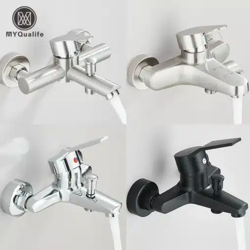 Vannitoa kuuma ja külma veega segisti, seinapealne, ühe käepidemega | E-pood Tootemaailm Neli erinevas värvitoonis seinapealset vannitoa kuuma ja külma veega segistit, ühe käepidemega, paigaldatud valgele taustale. Segistid on hõbedased, mustad ja kroomitud viimistlusega, andes elegantse ja kaasaegse ilme.