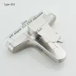 Vannitoa kuuma ja külma veega segisti, seinapealne, ühe käepidemega, roostevabast terasest viimistlusega, mõõtudega 15cm, 13.5cm ja 18.5cm, adapteriga kohandatav 13.5-17cm, valgel taustal.