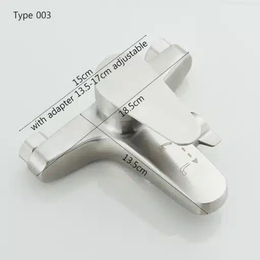 Vannitoa kuuma ja külma veega segisti, seinapealne, ühe käepidemega | E-pood Tootemaailm Vannitoa kuuma ja külma veega segisti, seinapealne, ühe käepidemega, roostevabast terasest viimistlusega, mõõtudega 15cm, 13.5cm ja 18.5cm, adapteriga kohandatav 13.5-17cm, valgel taustal.