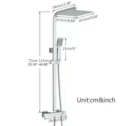 Roostevaba terasest dušisegisti komplekt kahe käepidemega, millele on lisatud ultraõhuke dušipea. Näha on detailne mõõtude skeem ja täpselt kujundatud segisti kaasaegses disainis.