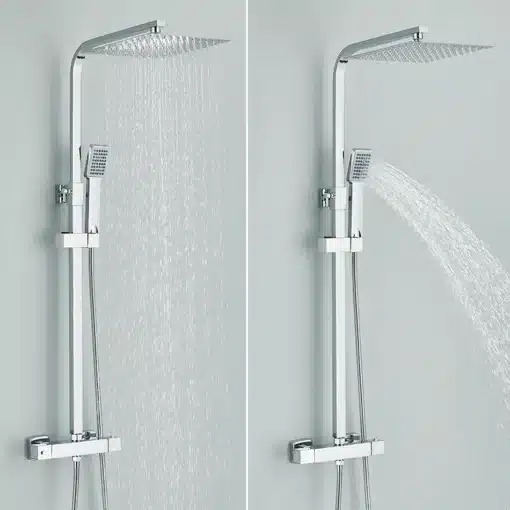 Dušisegisti komplekt kahe käepidemega, roostevaba teras, ultraõhuke dušipea | E-pood Tootemaailm Kahe koha pealt duši all olev roostevabast terasest dušisegisti komplekt, millel on kaks käepidet ja ultraõhuke dušipea. Komplekt on paigaldatud kaasaegsesse vannituppa ja näitab veejuga, mis langeb elegantselt alla.