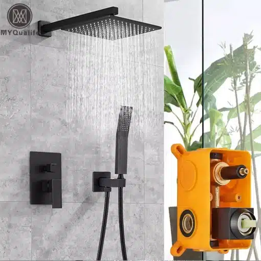 Must seinakinnitus duššisegisti 8/10/12/16 tolli vihmavee funktsiooniga | E-pood Tootemaailm Must seinakinnitus duššisegisti, millel on vihmavee funktsioon ja kaheosalised kraanid halli kivi seina taustal.