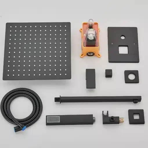 Must seinakinnitus duššisegisti 8/10/12/16 tolli vihmavee funktsiooniga | E-pood Tootemaailm Must seinakinnitus duššisegisti, komplekt sisaldab erinevaid musti osi nagu vihmavee dušipea, klambrid ja voolikud, neutraalsel taustal asetatud.