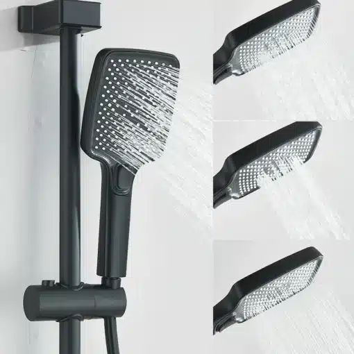 Dušisegisti LCD ekraaniga ja taustvalgustusega, seinapealne | E-pood Tootemaailm Must dušisegisti kolme erineva veejuga, LCD ekraani ja taustvalgustusega, paigaldatud seinapealselt heledale taustale.