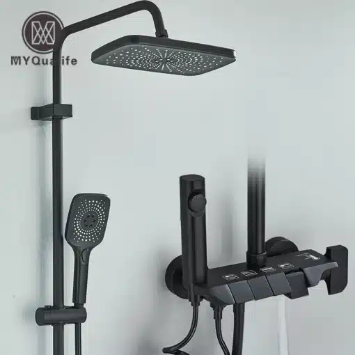 Dušikomplekt klaveri stiilis, nutikas messing, vihmadušš | E-pood Tootemaailm Dušikomplekt klaveri stiilis, nutikas messing, vihmadušš, musta värvi disainiga. Komplektil on laiem vihmaduššipea ja käsidušš, kinnitused siledal valgel taustal.