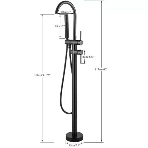 Põrandale paigaldatav vannisegisti käsidušiga | E-pood Tootemaailm Elegantne must põrandale paigaldatav vannisegisti käsidušiga, kõrgendatud profiil ja siledad jooned sobituvad kaasaegse vannitoa interjööriga.