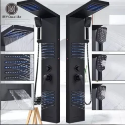 Elegantne musta värvi dušipaneel integreeritud LED-valgustusega, sisaldades veefalli ja massaažifunktsioone, mis pakuvad luksuslikku vannitoa kogemust.